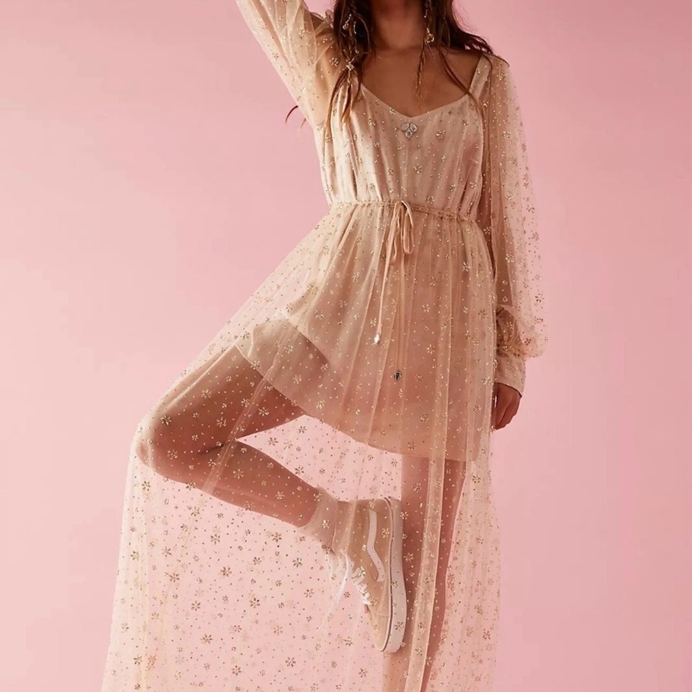 Free People Ensley Maxi Cream and Gold Embellished rhinestone Sundress